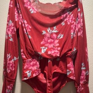 NWOT Free People Red Floral Bodysuit